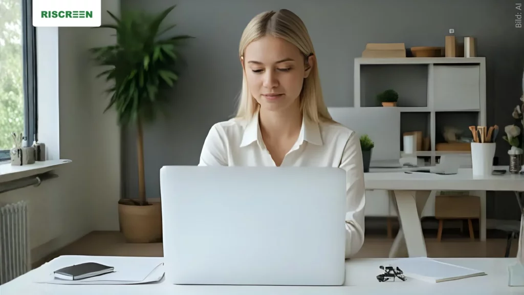 Datenschutz Mitarbeiterschulung: Businessfrau führt an einem Computer eine Datenschutzschulung durch.